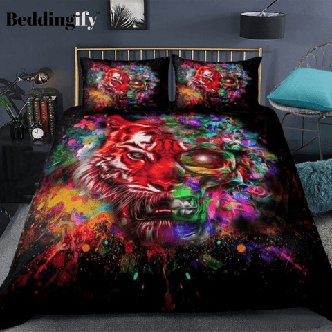 Image of Colorful Skull Tiger Bedding Set - Beddingify