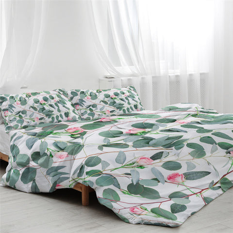 Image of Pink Rose And Leaves Patterns Bedding Set - Beddingify