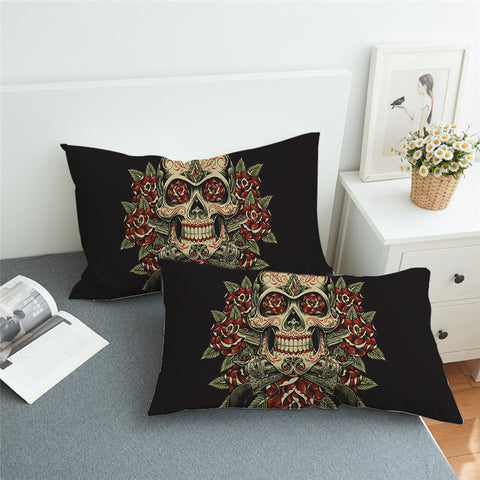Image of Skull On Roses Pillowcase