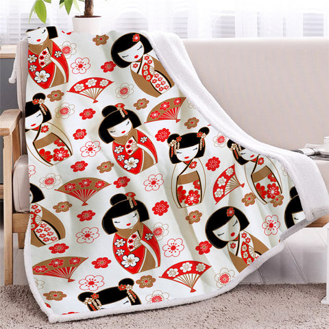 Image of Japanese Girl Kimono Themed Sherpa Fleece Blanket