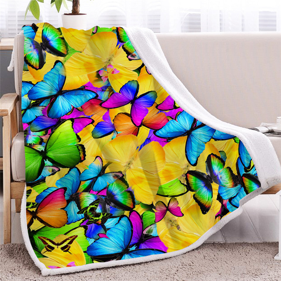 Colorful Butterflies Motif Sherpa Fleece Blanket