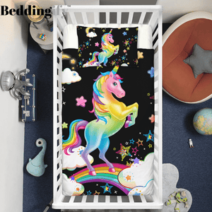 Rainbow Unicorn On Night Sky Crib Bedding Set - Beddingify
