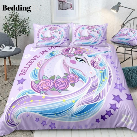 Image of Purple Unicorn with Roses Bedding Set - Beddingify
