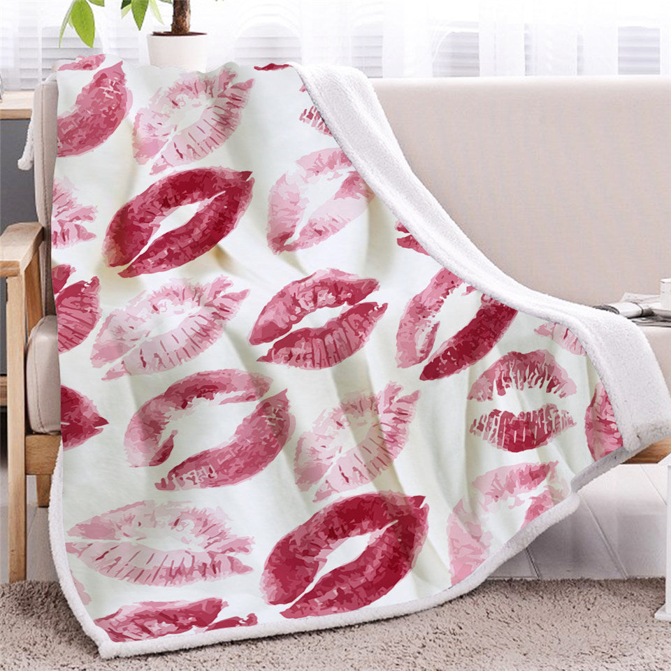 Pink Lips Themed Sherpa Fleece Blanket