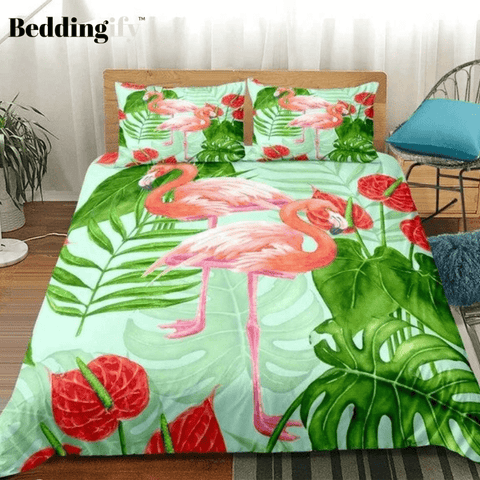 Image of Flamingo Green Plants Bedding Set - Beddingify