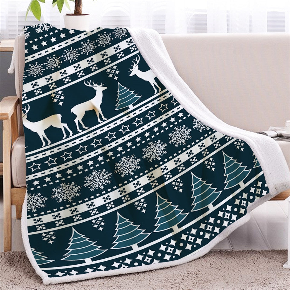 Christmas Snowflake Reindeer Themed Sherpa Fleece Blanket