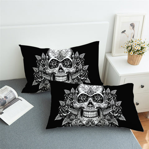 Image of Skull On Roses B&W Pillowcase