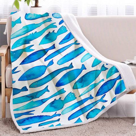 Image of Blue Fishes Pattern Sherpa Fleece Blanket