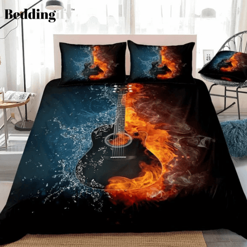 Image of 3D Black Guitar on Fire and Water Comforter Set - Beddingify