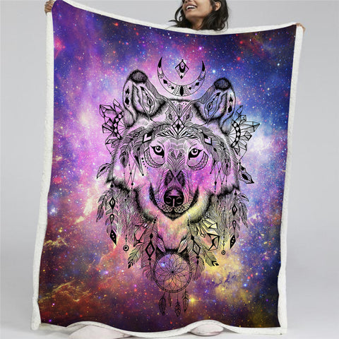 Image of Galaxy Wolf Sherpa Fleece Blanket - Beddingify