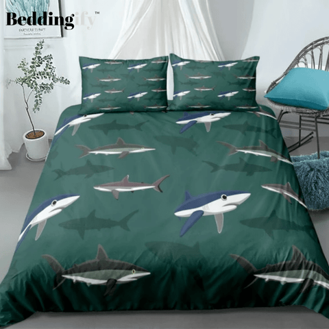 Image of Shark In Ocean Green Bedding Set - Beddingify