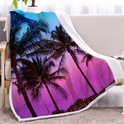 Image of Blue Pink Tropical Coconut Tree Themed Sherpa Fleece Blanket