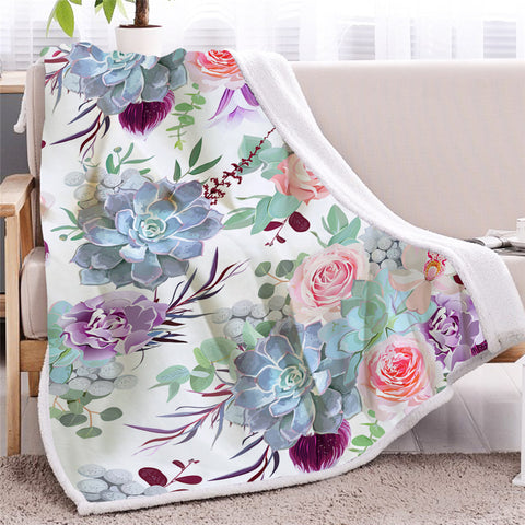 Image of Flower Pattern White Sherpa Fleece Blanket