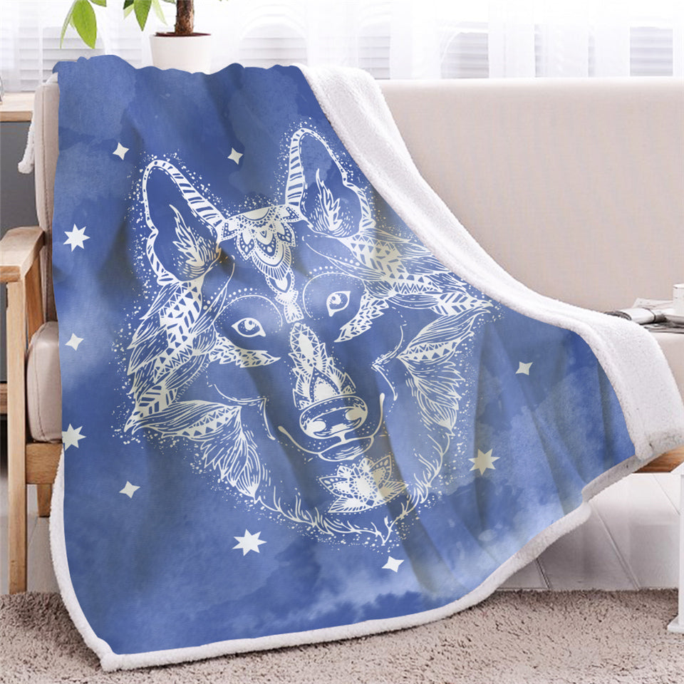 Blue Wolf Face Sherpa Fleece Blanket - Beddingify