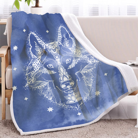 Image of Blue Wolf Face Sherpa Fleece Blanket - Beddingify