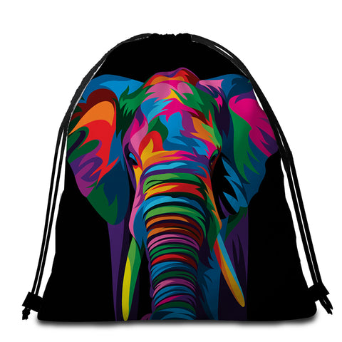 Image of Multicolored Elephant Black Round Beach Towel Set - Beddingify