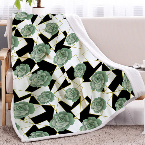 Image of Succulent White Black Marble Sherpa Fleece Blanket - Beddingify