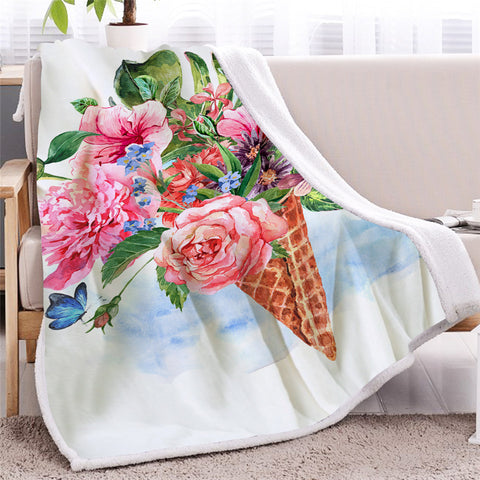 Image of Ice Cream Rose Flower Themed Sherpa Fleece Blanket