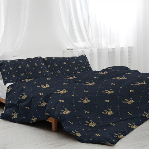 Image of Crown Patterns Dark Blue Bedding Set - Beddingify