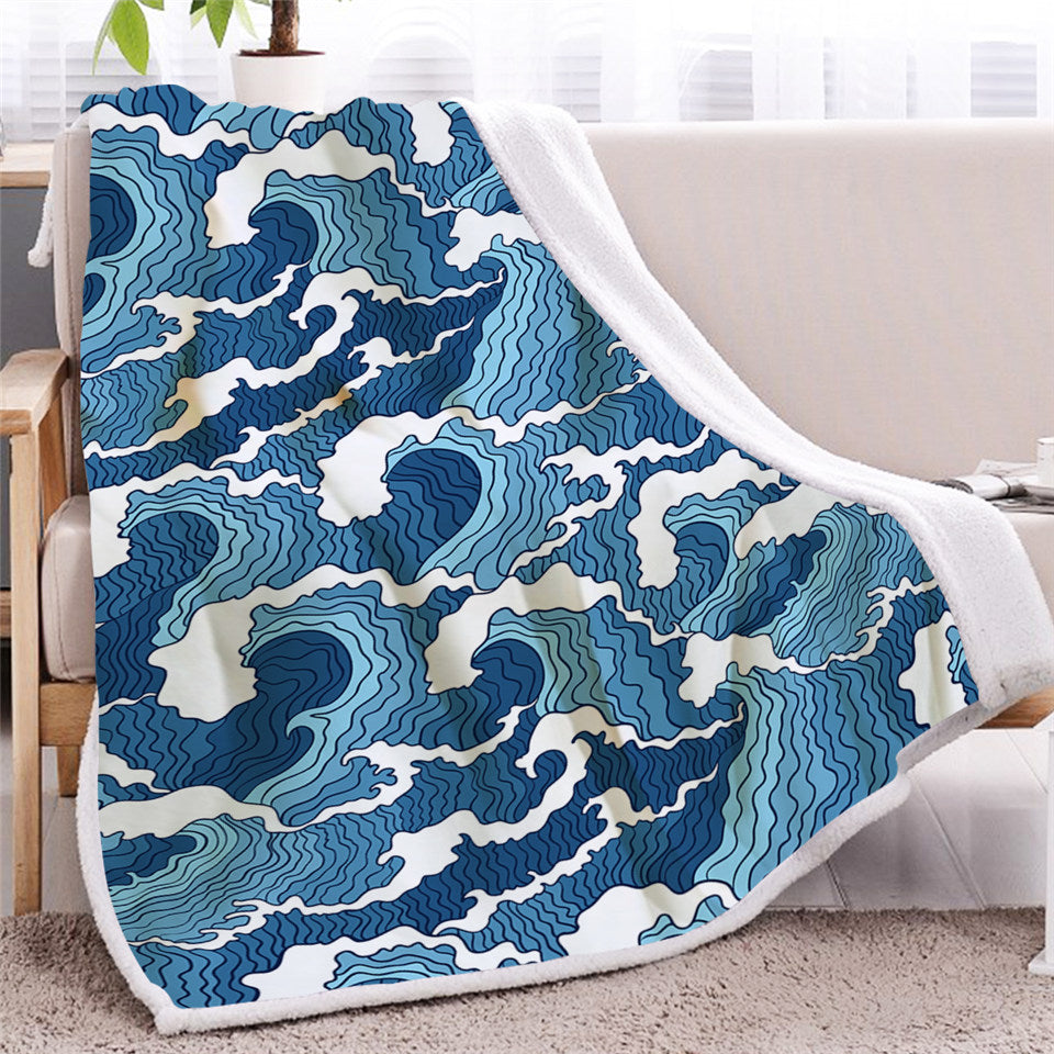Waves Themed Sherpa Fleece Blanket