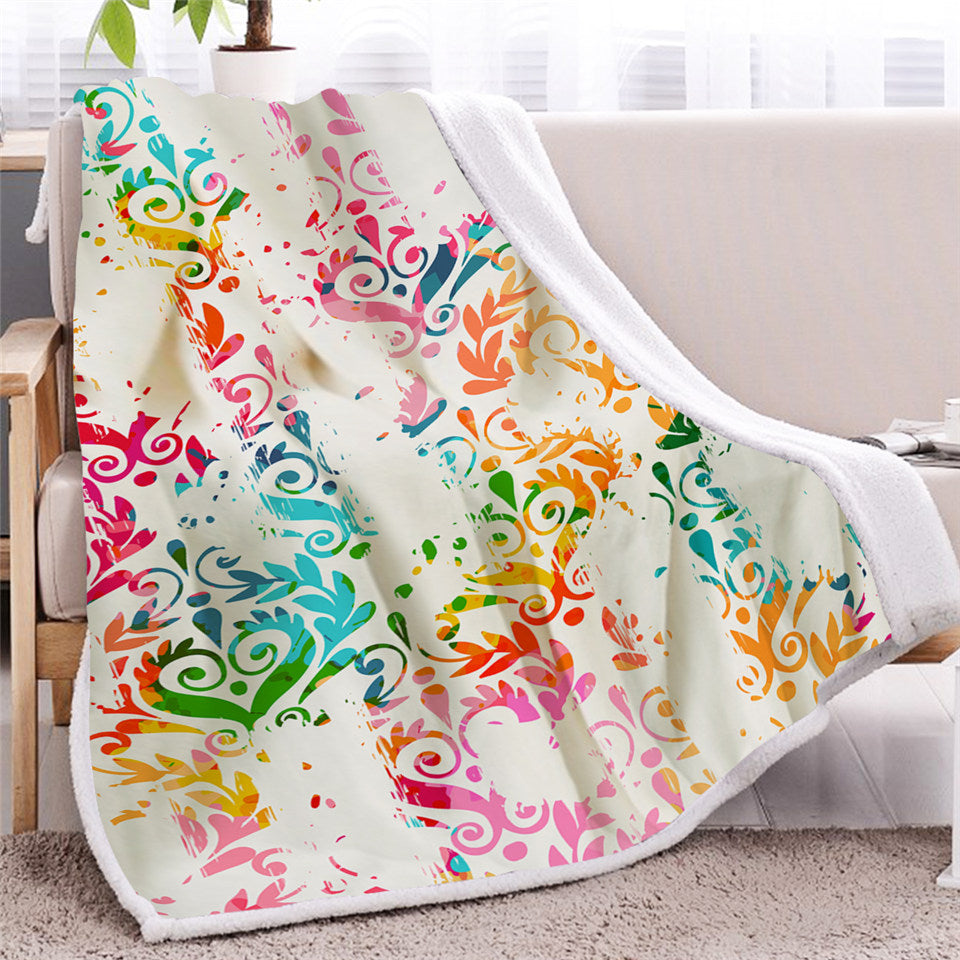 Colorful Floral Themed Sherpa Fleece Blanket