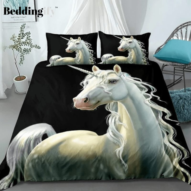 Unicorn Black White Bedding Set - Beddingify