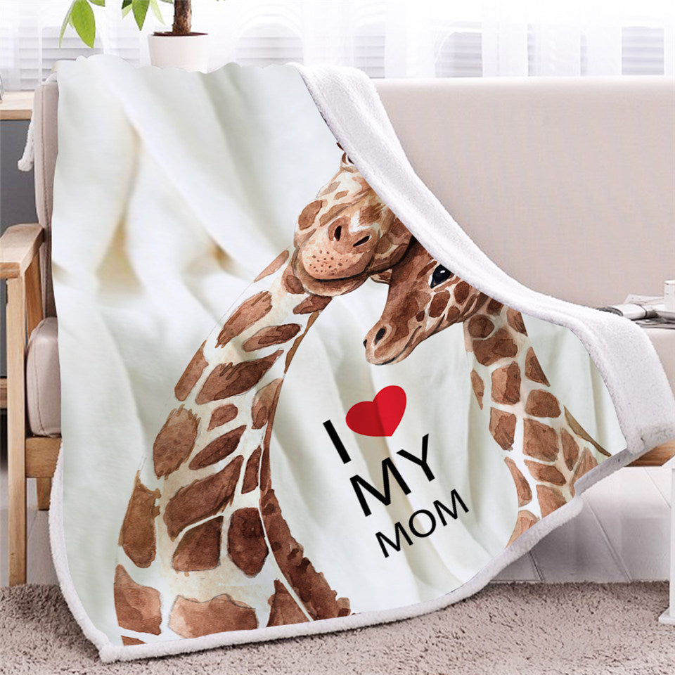 I Love Mom Giraffe Sherpa Fleece Blanket