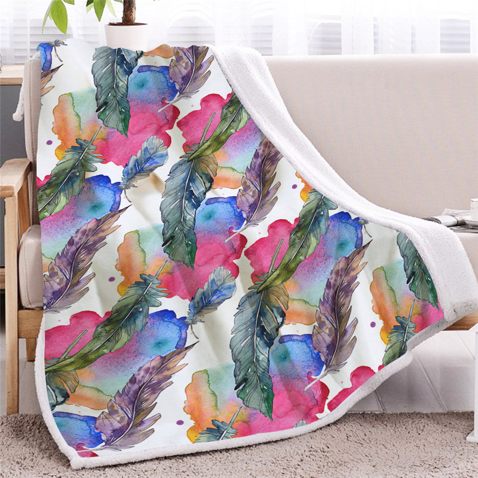 Colorful Feathers Themed Sherpa Fleece Blanket
