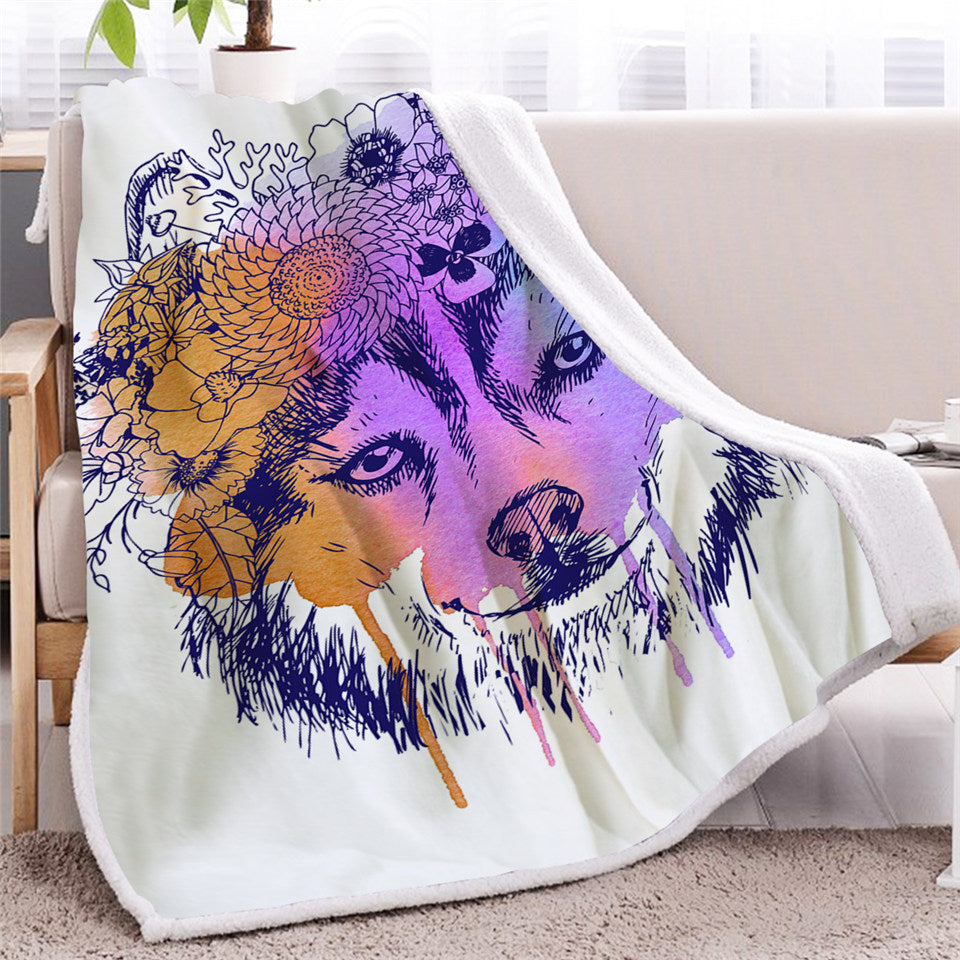 Floral Wolf Themed Sherpa Fleece Blanket