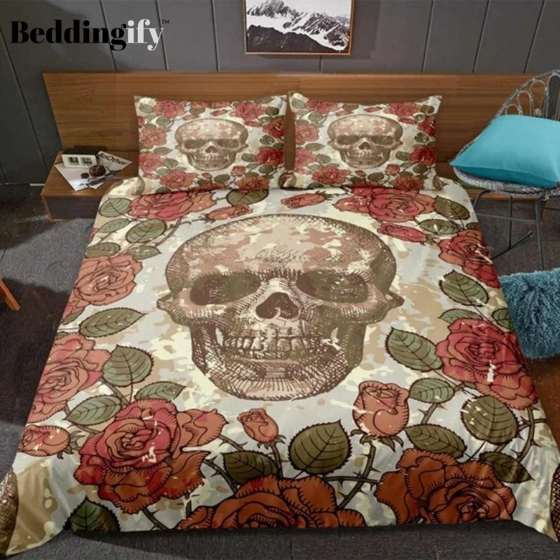 Hand-Painted Roses Skull Bedding Set - Beddingify