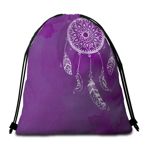 Image of White Dreamcatcher Purple Round Beach Towel Set - Beddingify