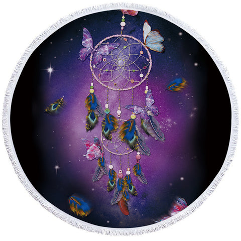 Image of Feathery Butterfly Dreamcatcher Round Beach Towel Set - Beddingify