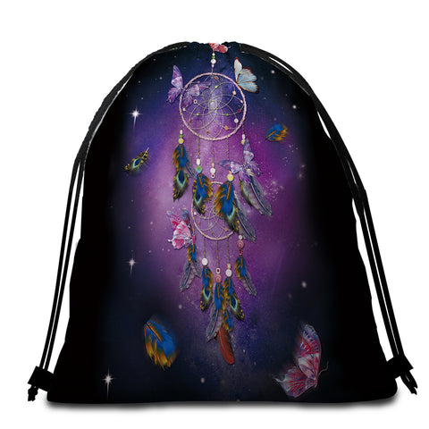 Image of Feathery Butterfly Dreamcatcher Round Beach Towel Set - Beddingify