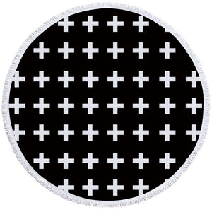 White Cross Patterns Black Round Beach Towel Set - Beddingify
