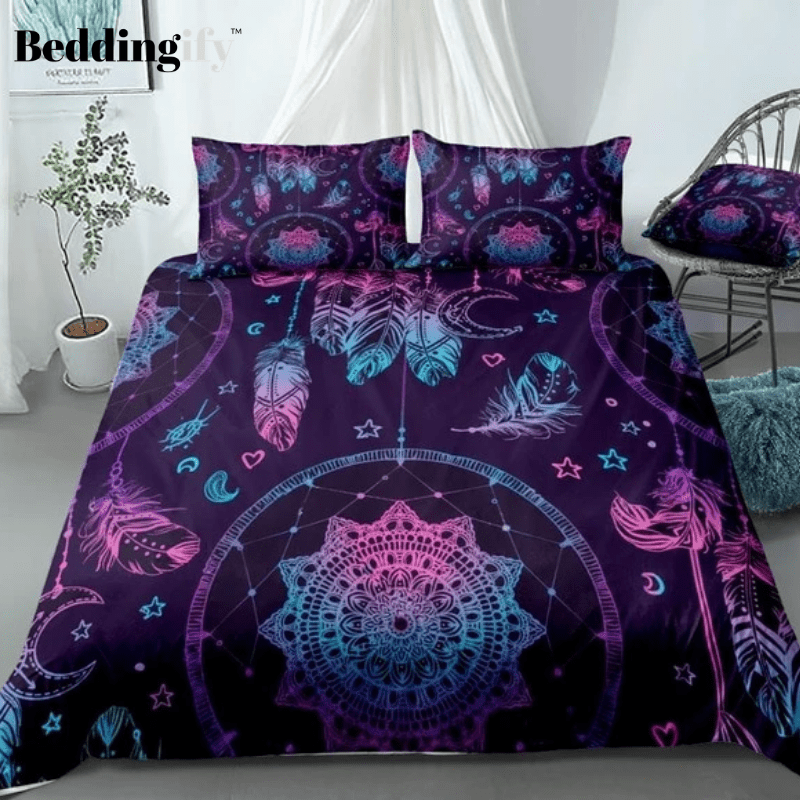 Blue Purple Dreamcatcher with Feathers and Moon Bedding Set - Beddingify