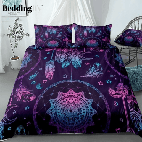 Image of Blue Purple Dreamcatcher with Feathers and Moon Bedding Set - Beddingify