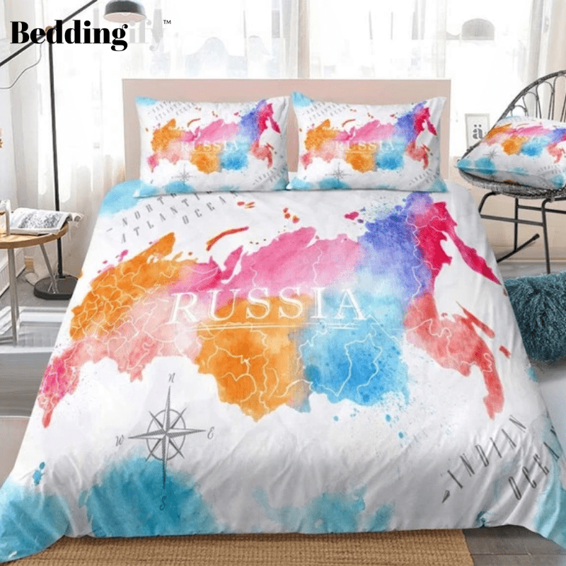 Colorful Watercolor Abstract Russia Map White Bedding Set - Beddingify