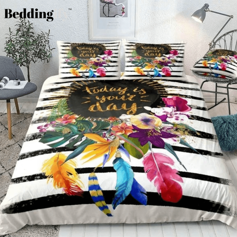 Black Stripe Floral Bedding Set - Beddingify