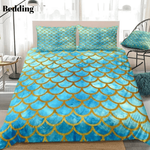 Image of Watercolor Blue Mermaid Scale Bedding Set - Beddingify