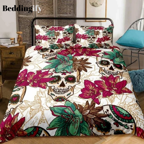 Image of Vintage Floral Retro Skull Bedding Set - Beddingify