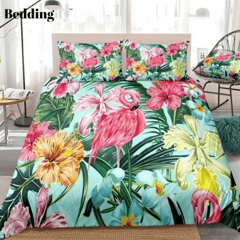 Image of Colorful Flowers Flamingo Bedding Set - Beddingify