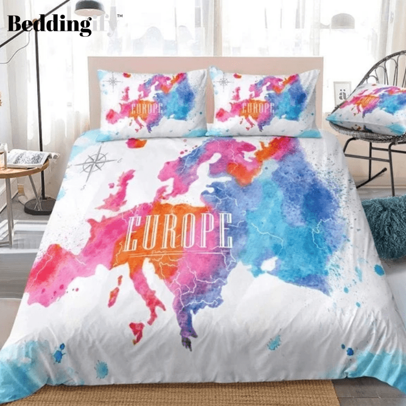 Colorful Watercolor Abstract Europe Map Bedding Set - Beddingify