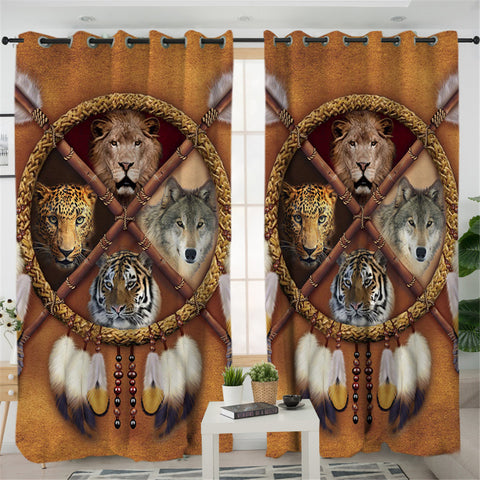 Image of Wolf Tiger Lion Leopard Dream Catcher 2 Panel Curtains