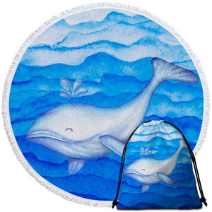 White Whale Blue Round Beach Towel Set - Beddingify