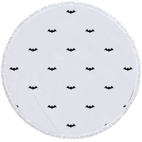 Image of Black Bat Pattern White Round Beach Towel Set - Beddingify