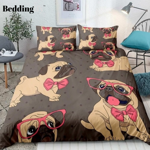 Image of Cartoon Pug Dog with Pink Glasses Bedding Set - Beddingify