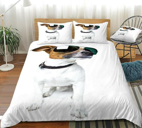 Image of 3D White Dog with Sunglasses Comforter Set - Beddingify
