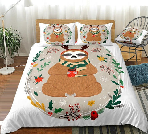 Image of Christmas Sloth In Flowers Branches Bedding Set - Beddingify