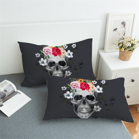 Image of Flowery Skull Grey Pillowcase