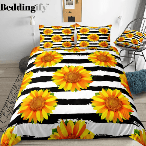 Image of Black White Stripe Sunflowers Bedding Set - Beddingify
